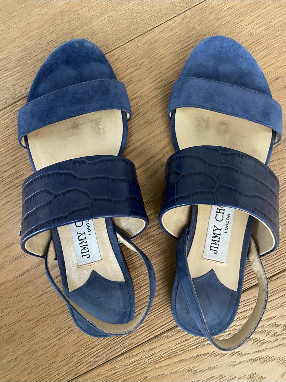 Jimmy Choo Navy Suede and Croc-Embossed Two-Band Slingback Sandals